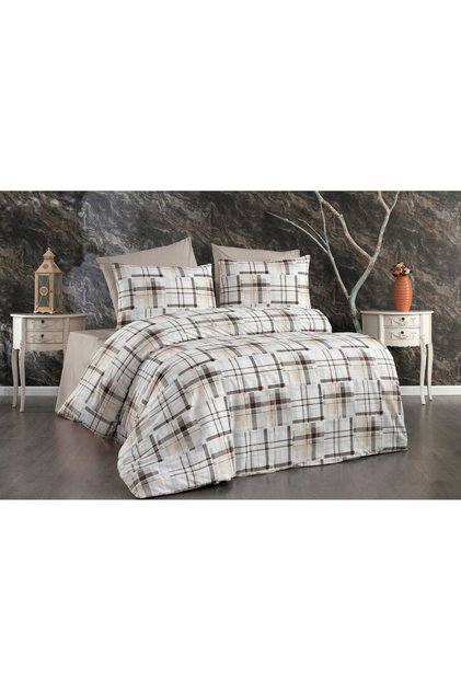 Premium Double Duvet Cover Set with Plaid Patterned Elastic Sheets Cream