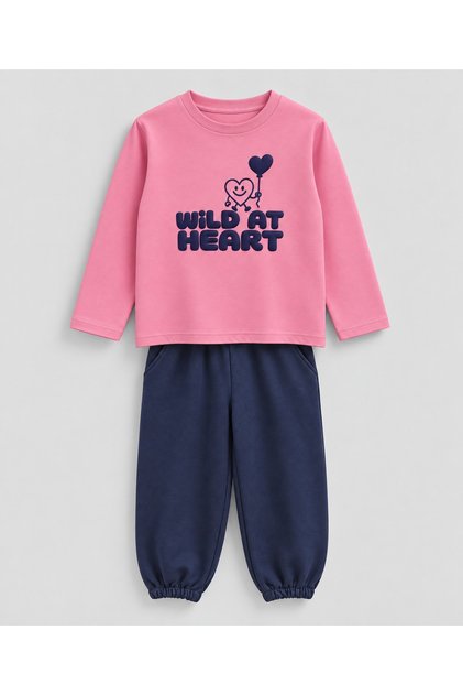 Sugar Pink - Indigo Blue Girls' 3D Printed Set with Details 100% Cotton (2-10 Years)