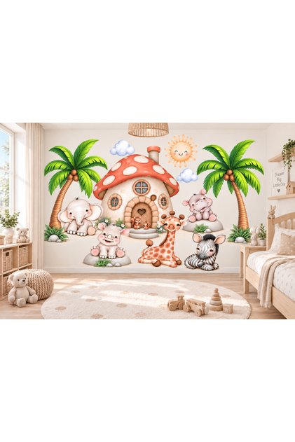 Safari Animals Children's Room Wall Sticker Set – Palm Tree, Mushroom House, Elephant, Giraffe, and Zebra – 160 × 120 cm