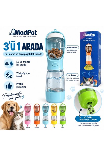 Kedi-Köpek Suluğu ve Mama Kabı - 3'ü 1 Arada Taşınabilir Su Şişesi, Mama Haznesi ve Dışkı Poşeti Yuvası - Tek Tuşlu Seyahat Kabı