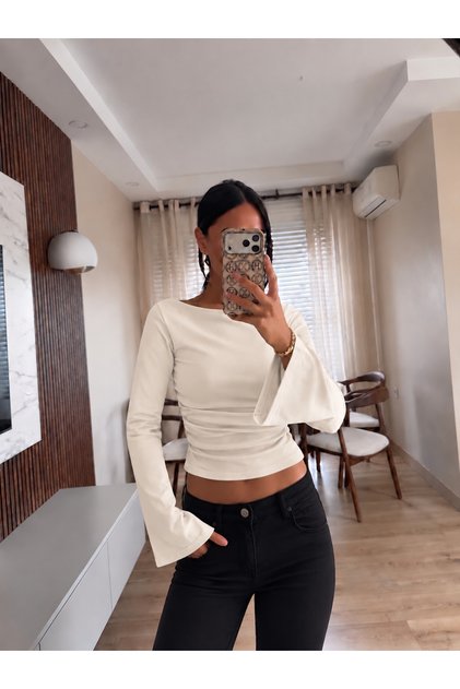 Women's Ecru Boat Neck Spanish Sleeve Waist Detail Premium Softtouch Crop Blouse Mml3000