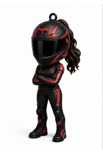 Black Hair Arms Crossed Woman Figure Keychain with Biker Helmet – 3D Printing