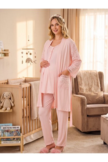 New Season Powder Scallop Linen Detailed Buttoned Design Short Sleeve Maternity Pajama Set 3-Piece Set