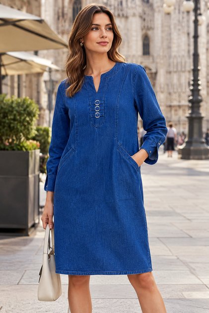 Büyük Beden Uzun Kollu Kadın Kot Denim Elbise Cepli Rahat Kesim Günlük Elbise