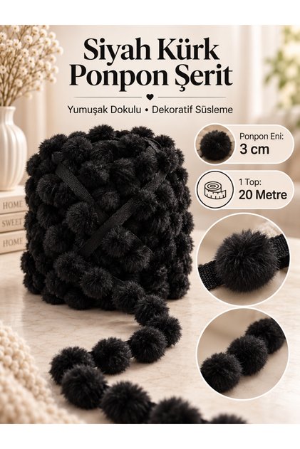 Black Fur Pompom Ribbon – 3 cm Pompom Width – 20 Meters Decorative Textile Trim Ribbon