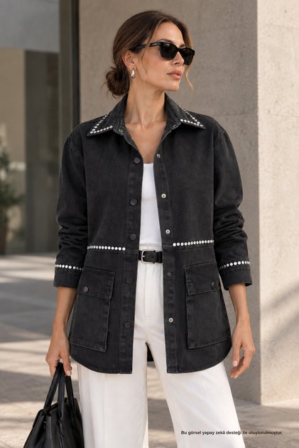 Taş Detaylı Oversize Siyah Denim Gömlek Ceket