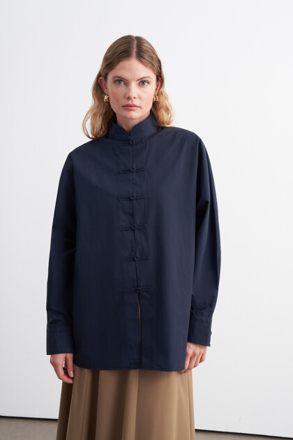 Button Detailed Batwing Sleeve Poplin Shirt