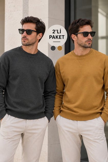 Men's 2-Pack Crew Neck Basic Casual Sweatshirt - Anthracite & Brown