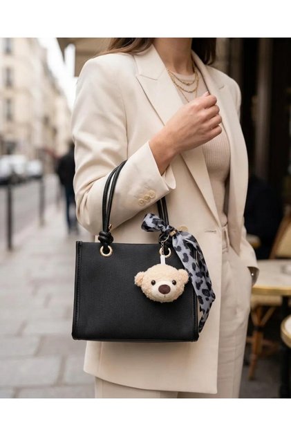Black Scarf Detailed Teddy Bear Charm Accessory Knot Strap Zippered Women's Shoulder Bag