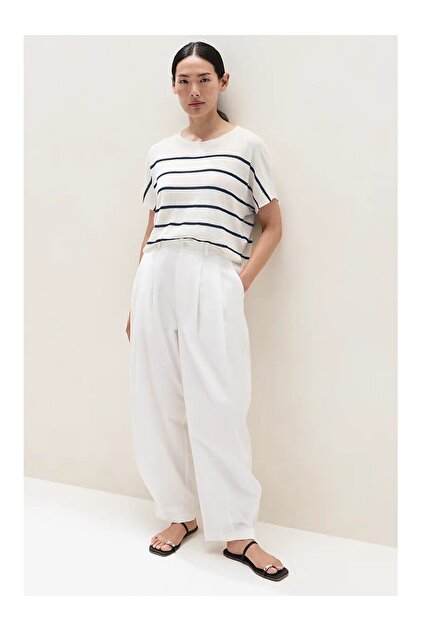 Linen Blend Striped Women's Knitwear T-Shirt with Shoulder Detail