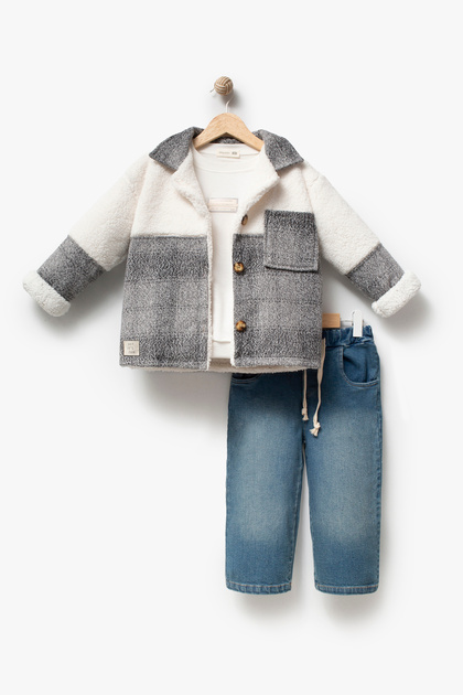 Boy's Plaid Detailed Plush Jacket Sweatshirt and Wide Leg Jeans 3-Piece Set 8303 Wnt