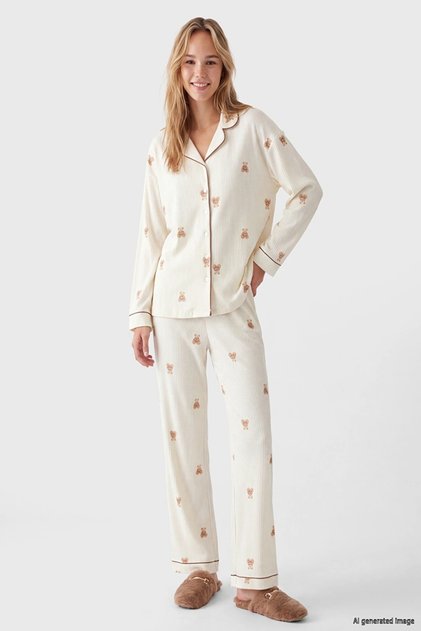 Women's Pajama Set Teddy Bear Patterned Ribbed Camisole Buttoned Ribbed Long Sleeve Shirt Collar Home Wear W6E789D8
