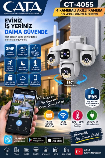 CT-4055 4 Kameralı WiFi Dış Mekan Güvenlik Kamera Sistemi 3MP 360°