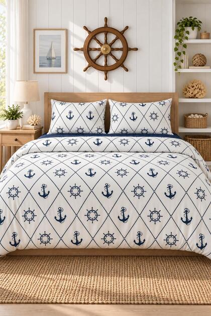 Easy-Iron Duvet Cover Set Double Size Anchor Navy Blue