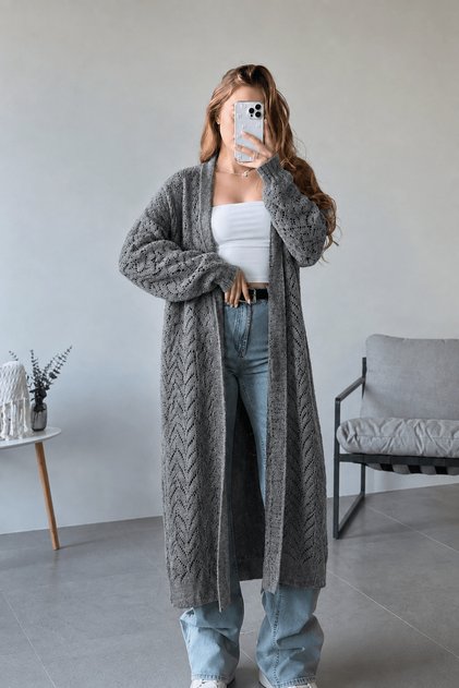Openwork Patterned Long Knitwear Cardigan - Smoked