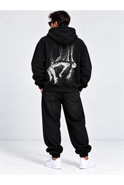 Men's Oversize Hooded Cotton Tracksuit Set with 3 Thread Raster Figure Back Print