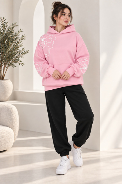 Women's Floral Patterned Hooded 2-Piece Tracksuit Set Oversize Hoodie Jogger Pants Comfortable Fit Casual Sports Set