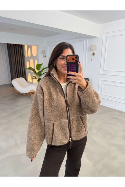 Kahverengi Ön Fermuarlı Peluş Sweat