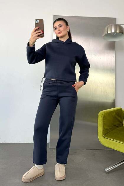 Women's Hooded Stoppered Sweatshirt Set Navy Blue - 27K 2799