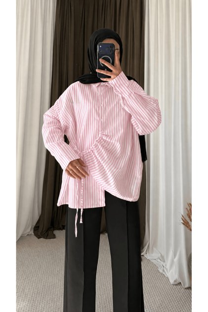 Side Gathered Boyfriend Shirt - Pink