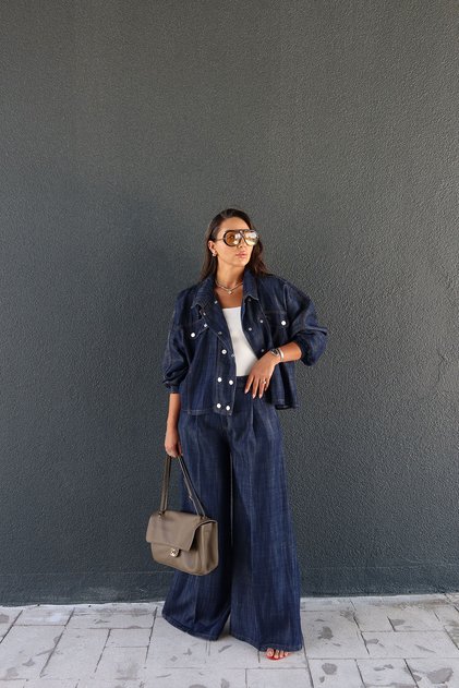 Pileli Geniş Paça Denim Pantolon