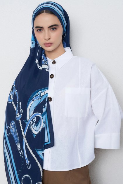 Chain Pattern Viscose Shawl - Navy Blue