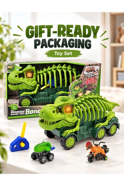 مجموعة ألعاب شاحنة الديناصورات 3 في 1 مع إضاءة وصوت، حركة أمامية، رأس ديناصور قابل للفصل، سيارتان صغيرتان على شكل ديناصورات، البطاريات متضمنة، مجموعة ألعاب تفاعلية للأطفال