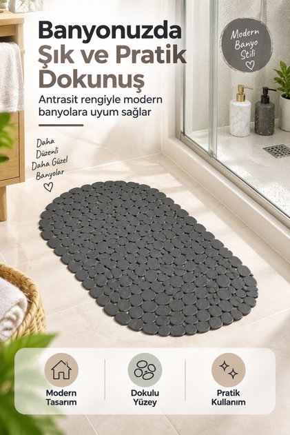 Stone-Look Suction Cup Non-Slip Bath Mat Water-Permeable Decorative Anthracite