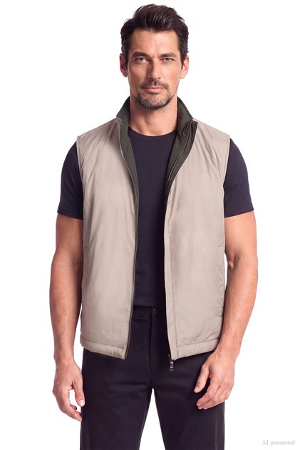 Men's Regular Fit Stand Collar Double-Sided Zippered Khaki-Beige Vest