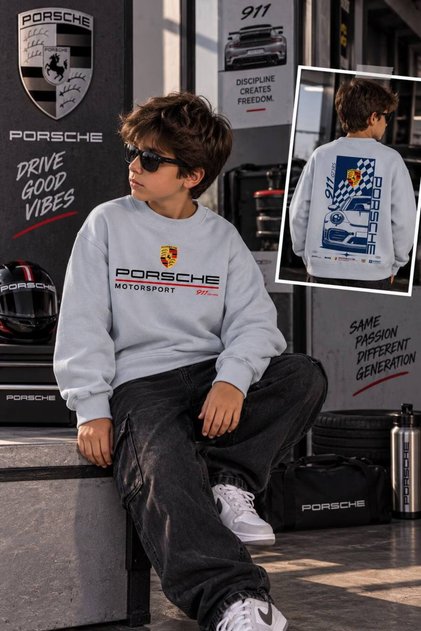 Araba Porsche baskılı gri renk erkek çocuk üç iplik şardonsuz sweatshirt