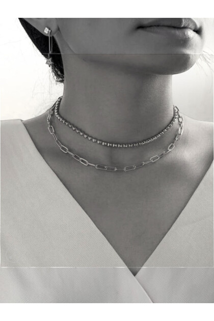 Silver Color Layered Ball Chain and Crushed Chain Necklace