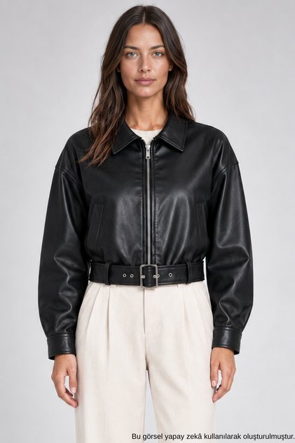 Women's Black Leather Jacket - Belt Detailed Crop Oversize Leather Jacket