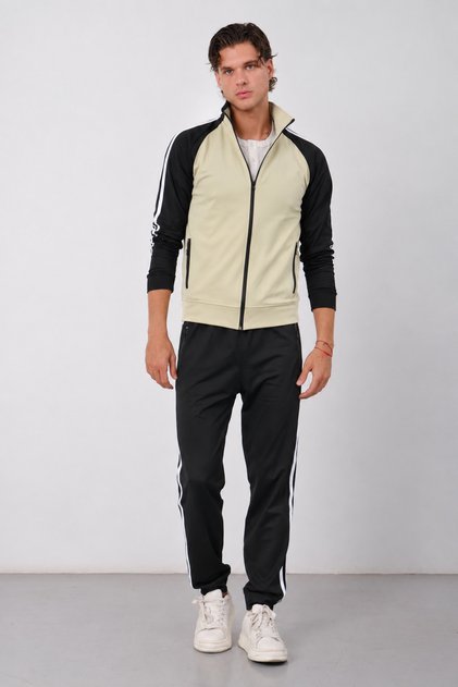 Men's Cream Diving Fabric Cotton Inside Stand Collar Zipper Detailed Stripe Detailed Winter Tracksuit Set - E230