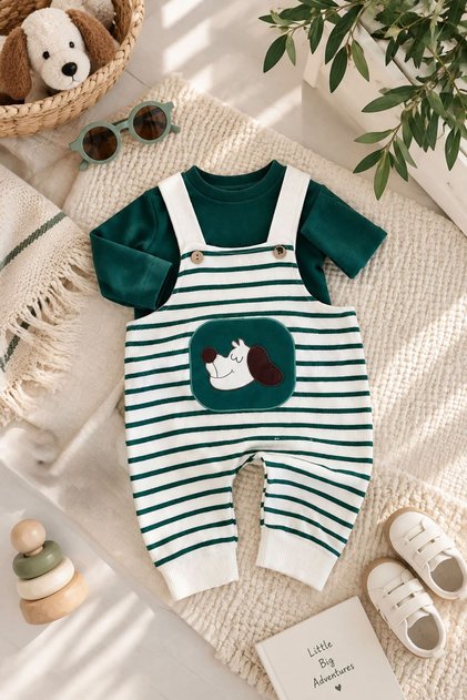 Dog Embroidery Detailed Striped Seersucker Salopet Baby Boy 2-Piece Set - Dark Green