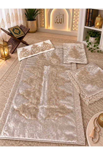 Velvet Prayer Rug Set Cappucino 4 Piece French Laced Bundle Set