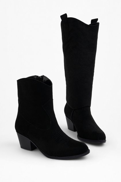 Rodeya Women's Black Suede Dual-Use Embroidery Detailed Long and Short Cowboy Boots 5 cm Thick Heeled Western Boots Bootie Boots