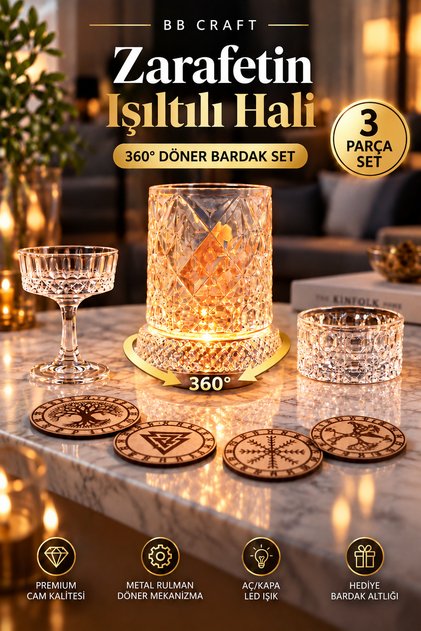 360 ° Rotating Lighted Glass Cup Set 3 Pieces – Footed Bowl and Wide Bowl – Lighted