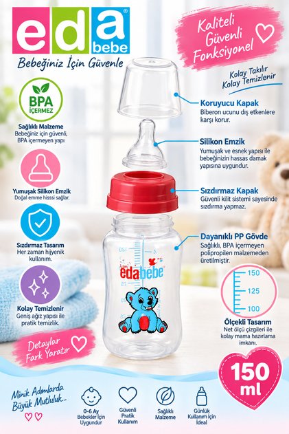 Bebe 150 ml Polipropilen PP Biberon – BPA İçermez, Silikon Emzikli, Ölçekli, Koruyucu Kapaklı Bebek Biberonu