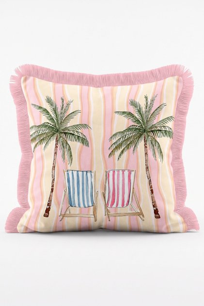 Palm Tree and Sunbed Patterned Striped Summer Themed Fringed Throw Pillow Cover