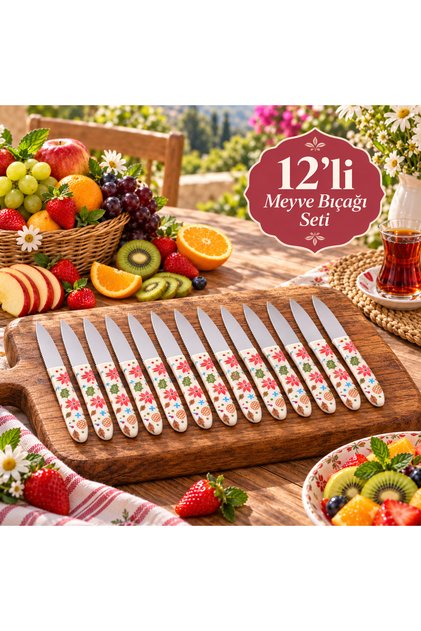 12’li Desenli Meyve Bıçağı Seti – Renkli Saplı, Tırtıklı Keskin Bıçaklar