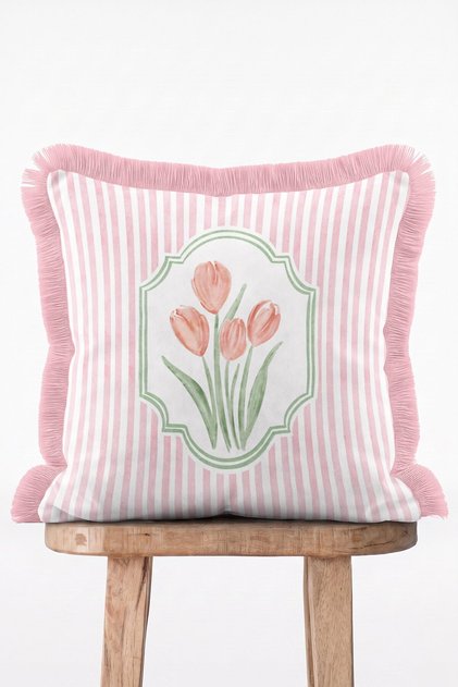 Tulip Stripe Pink Striped Tulip Patterned Fringed Decorative Throw Pillow Cover