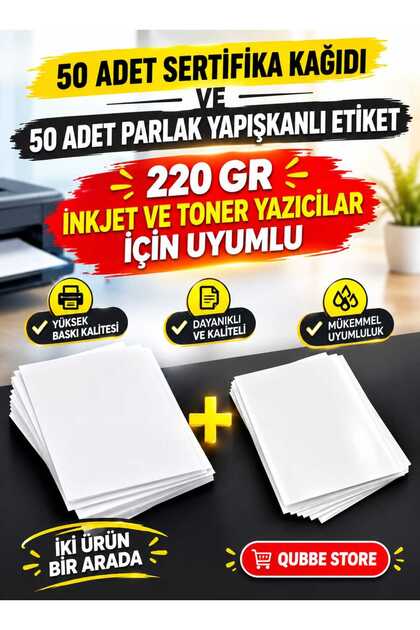 A4 Kalın Sertifika Kağıdı ve A4 Parlak Yapışkanlı Etiket Kartuşlu Mürekkepli Tüm Yazıcılara Uygun 220 Gr.