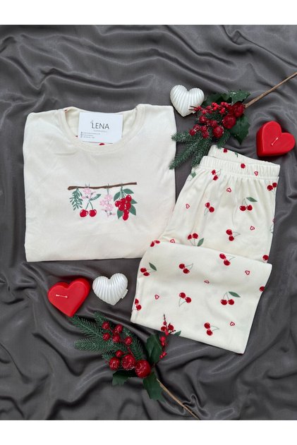 Ecru Cherry Patterned French Velvet Pajama Set