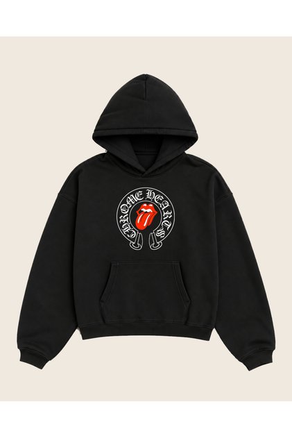 Chrome Hearts X Rollingstones Printed Oversize Hoodie 100% Cotton 3 Thread Threaded Unisex Hooded Sweatshirt