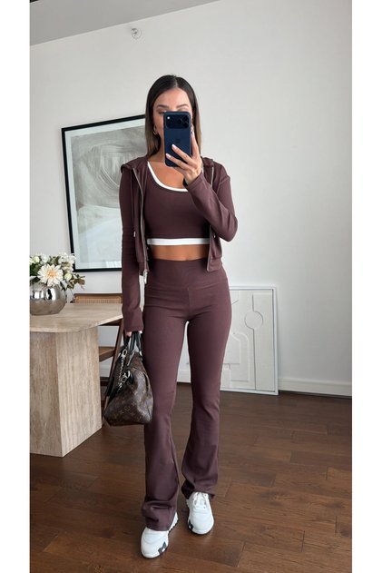 Women's Hooded Sweatshirt White Detailed Crop Tank Top and High Waist Spanish Leg Pants Three-Piece Set