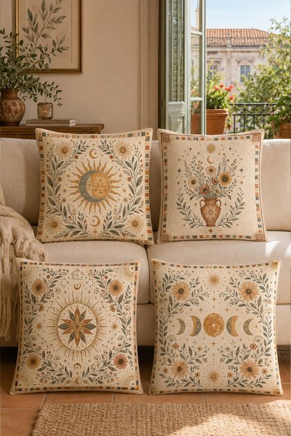 Bohemian Sun, Flowers, Moon Patterned 4-Piece Throw Pillow Cover Set
