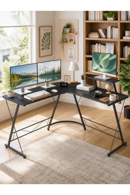 L-Shaped Desk Computer Corner Table With Large Monitor Stand