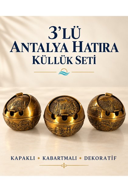3-Piece Antalya Belek Alanya Side Decorative Set of 3 Metal Ashtrays with Belt Covers Tourist Souvenir