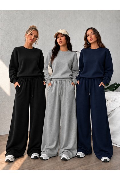 Women's Winter Cotton Lined 3-Piece Sweatpants Set Black Gray Navy Blue