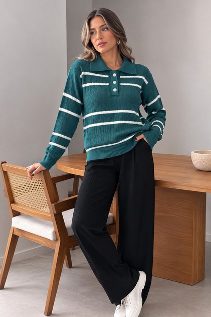 Women's Shirt Collar Button Detailed Hair Braided Sweater